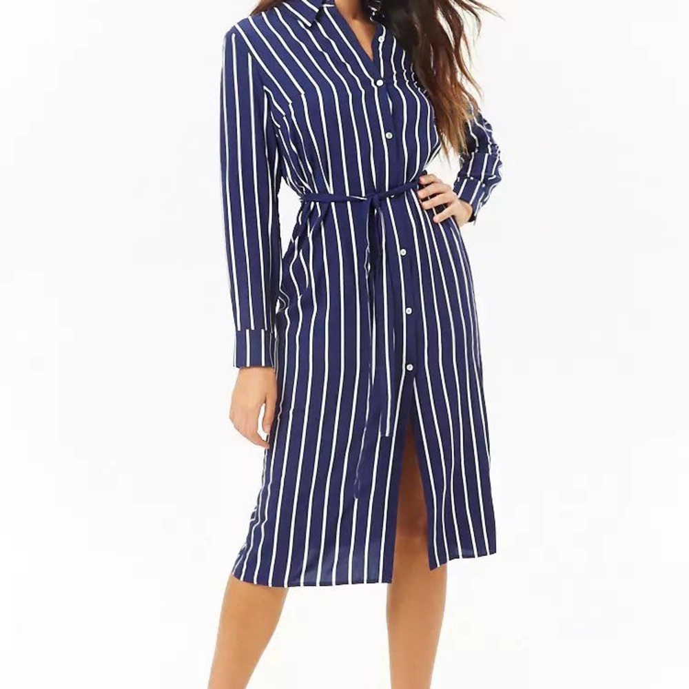 Forever 21 Blue and White Long Sleeve Shirt Dress